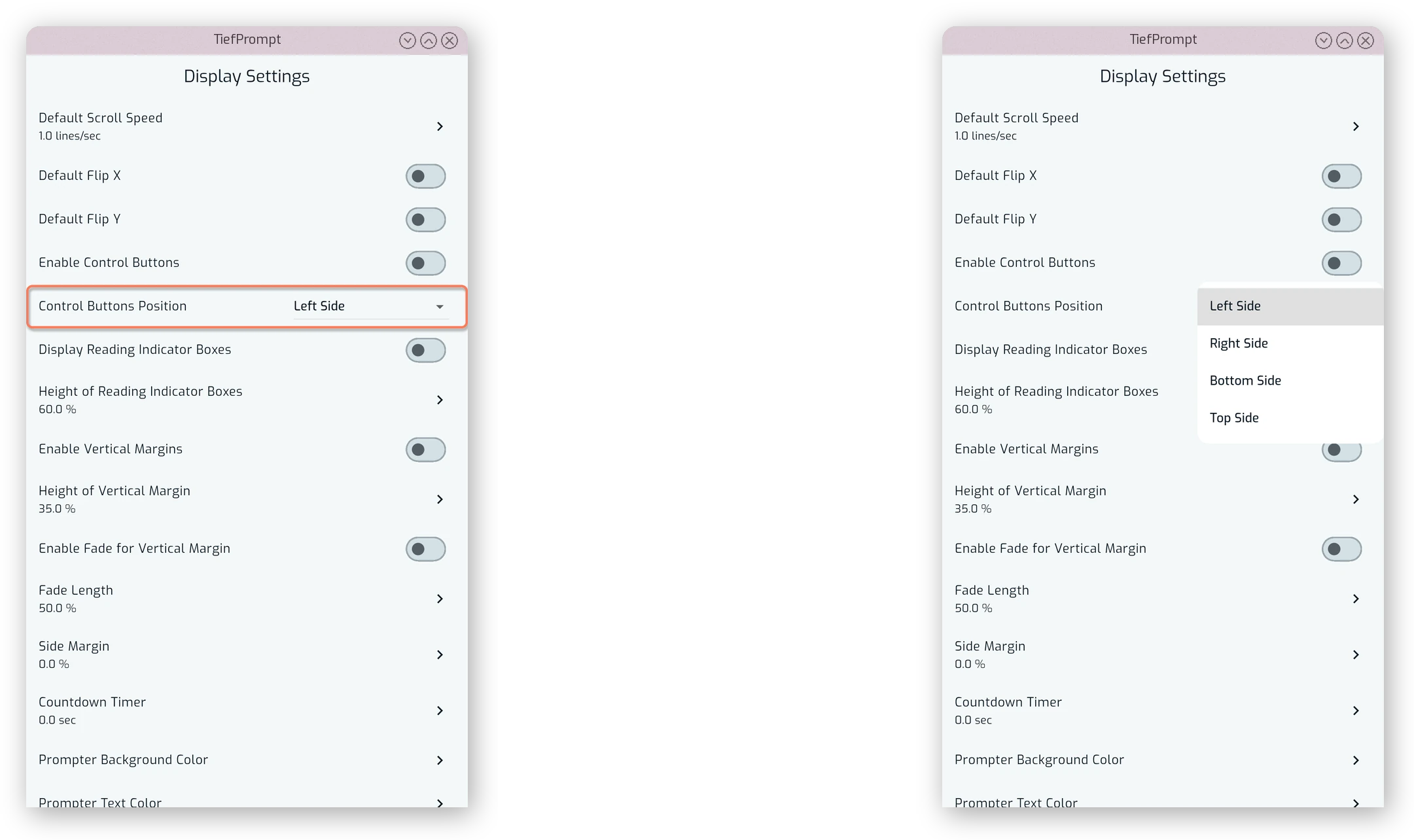 Control Buttons Position dropdown