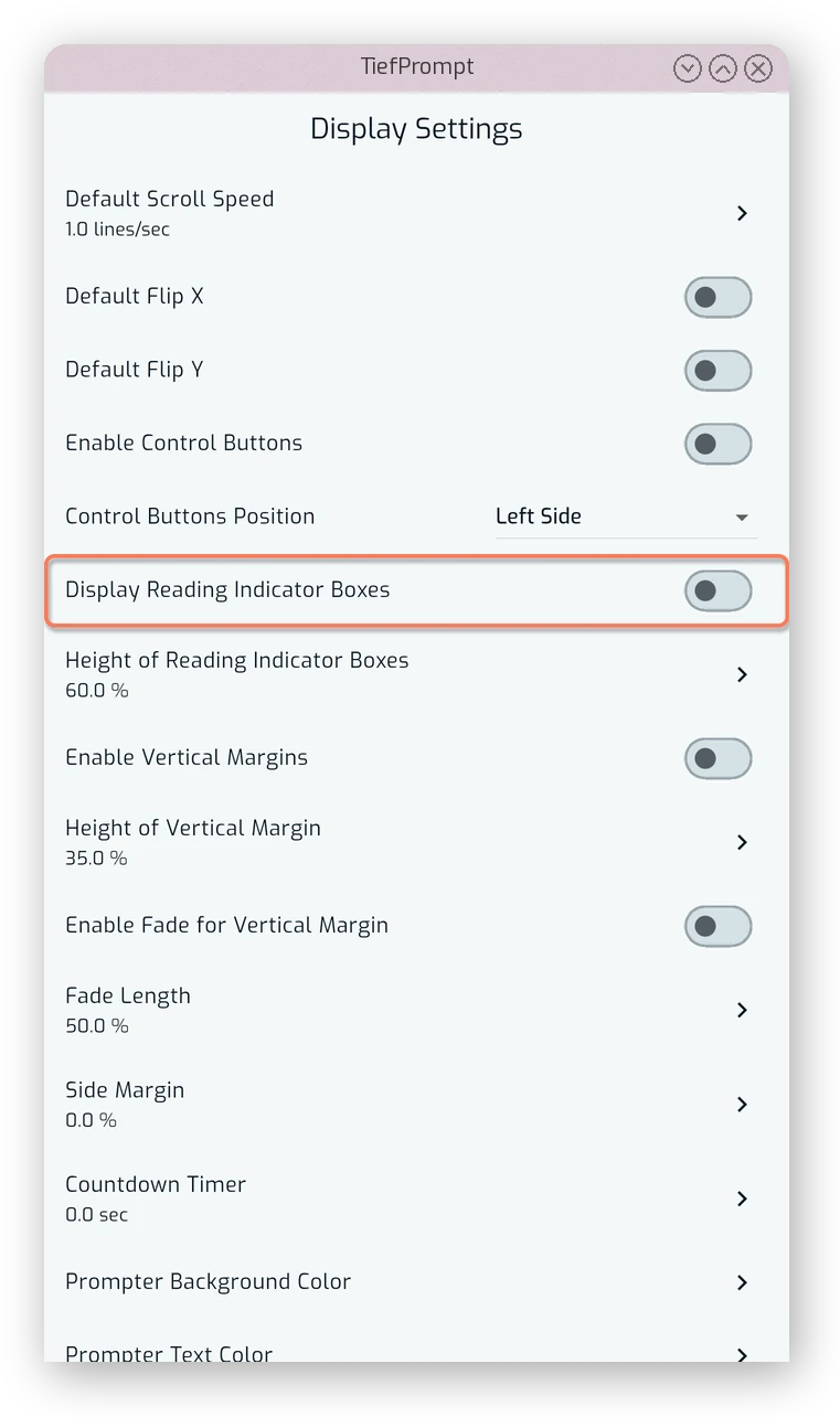 Display Reading Indicator Boxes toggle