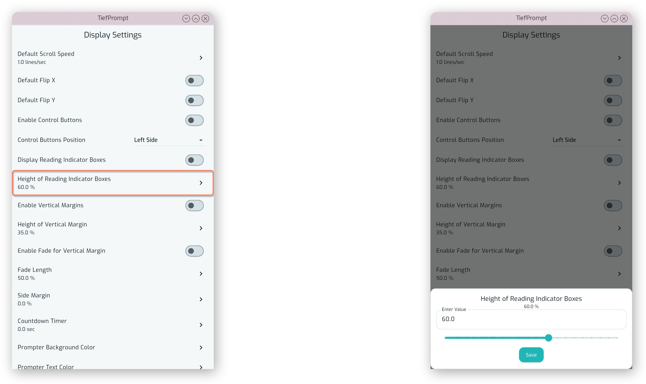 Height of Reading Indicator Boxes slider