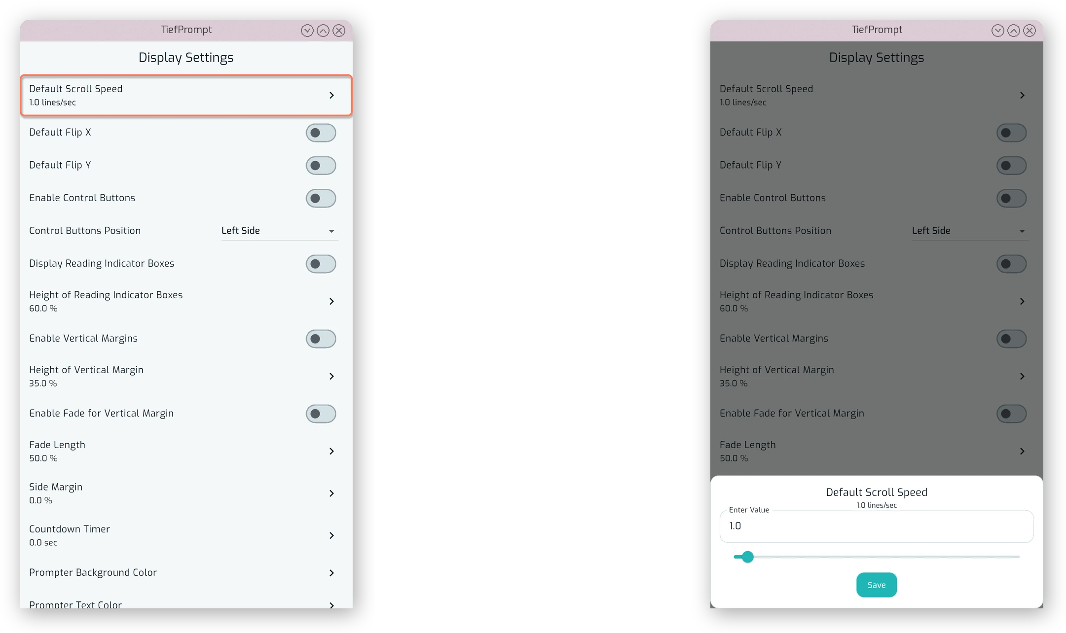 Default Scroll Speed slider