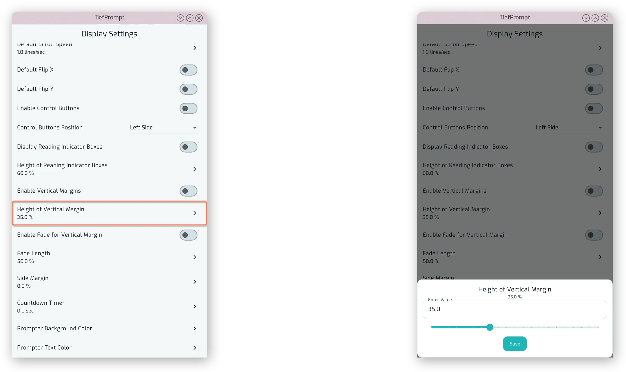 Height of Vertical Margins slider