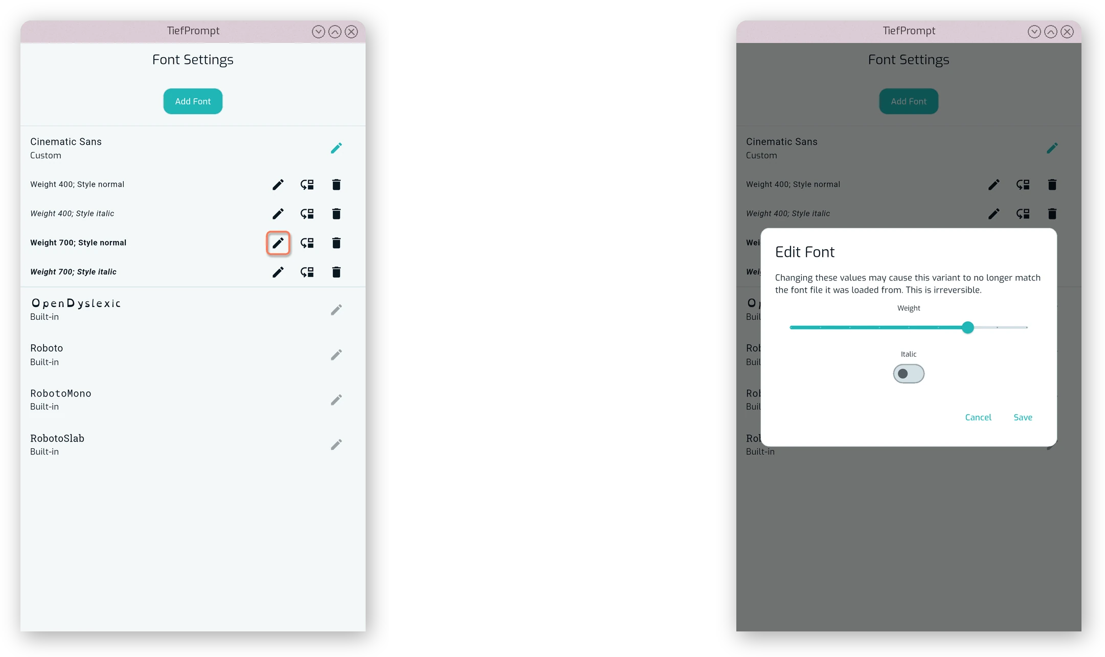 The “Edit Font Variant” dialog open