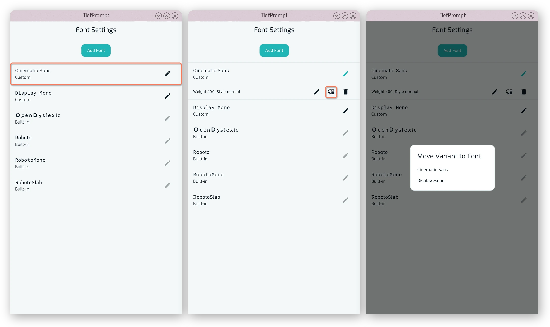 The “Move Font Variant” dialog open