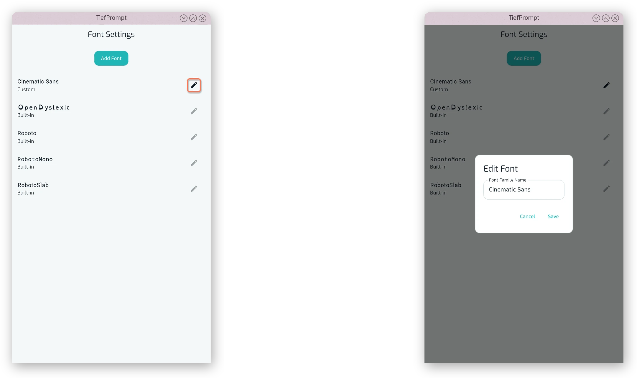 The “Rename Font Family” dialog open