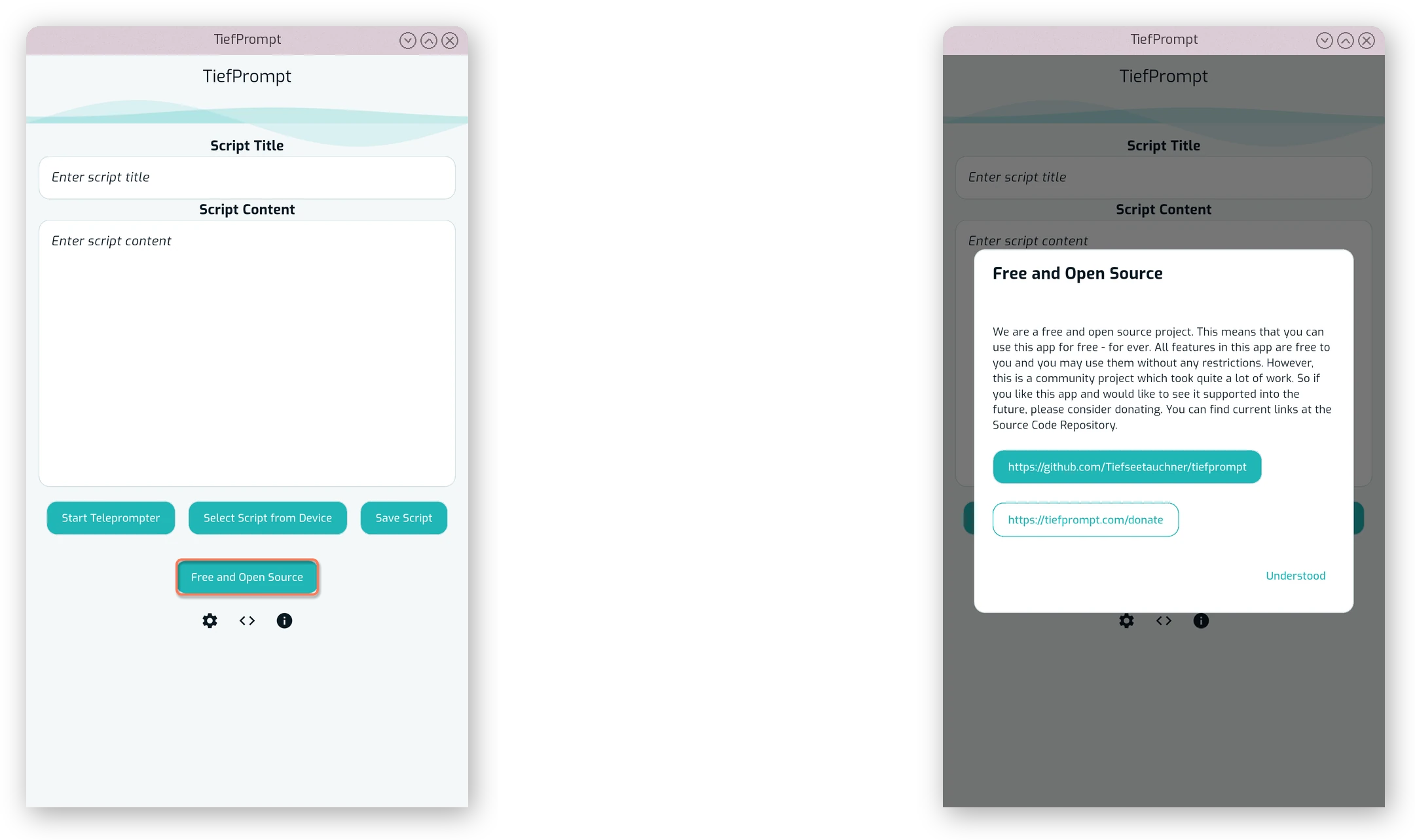 The app variant button, showing currently FOSS being installed, with the FOSS dialog open