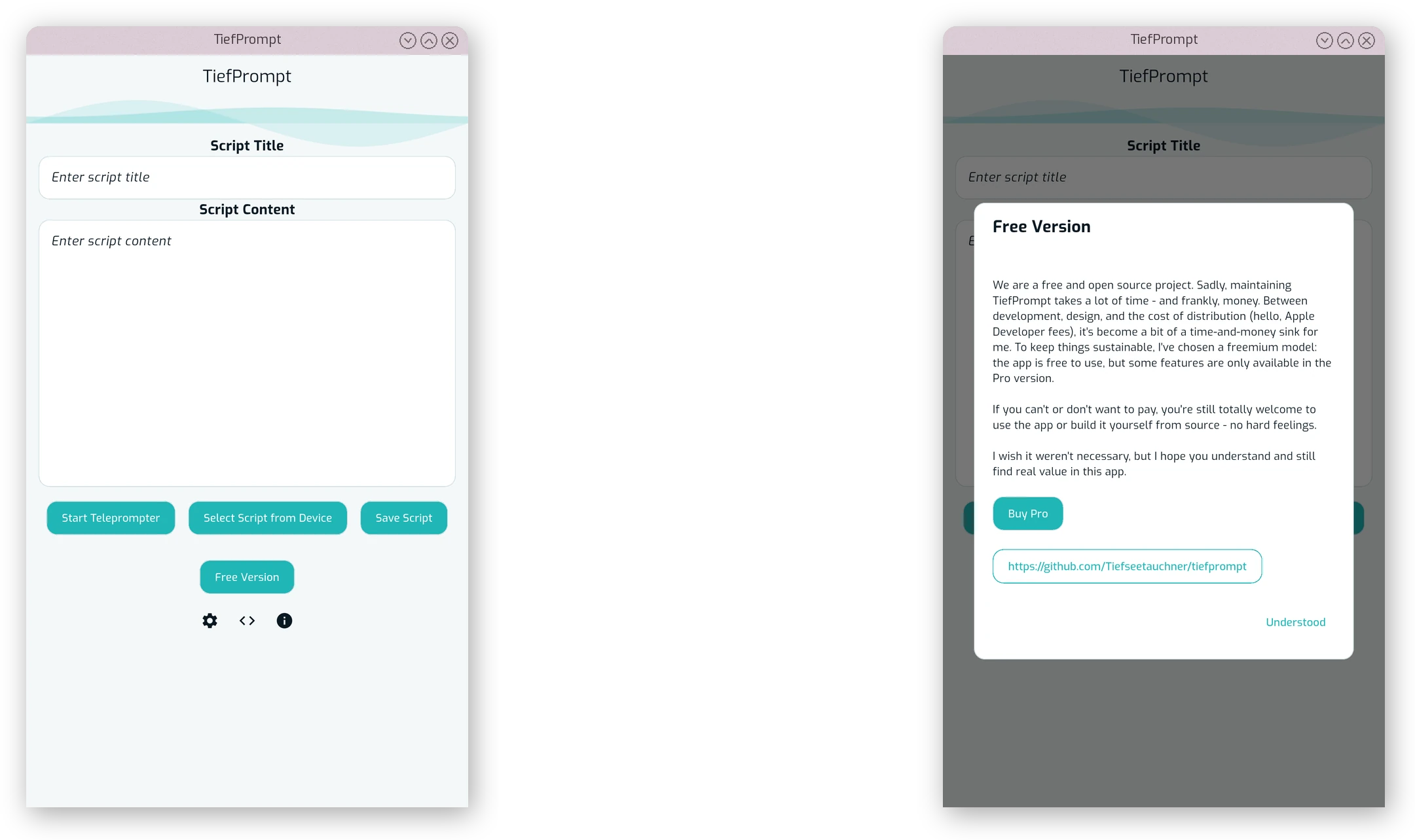The Free variant dialog