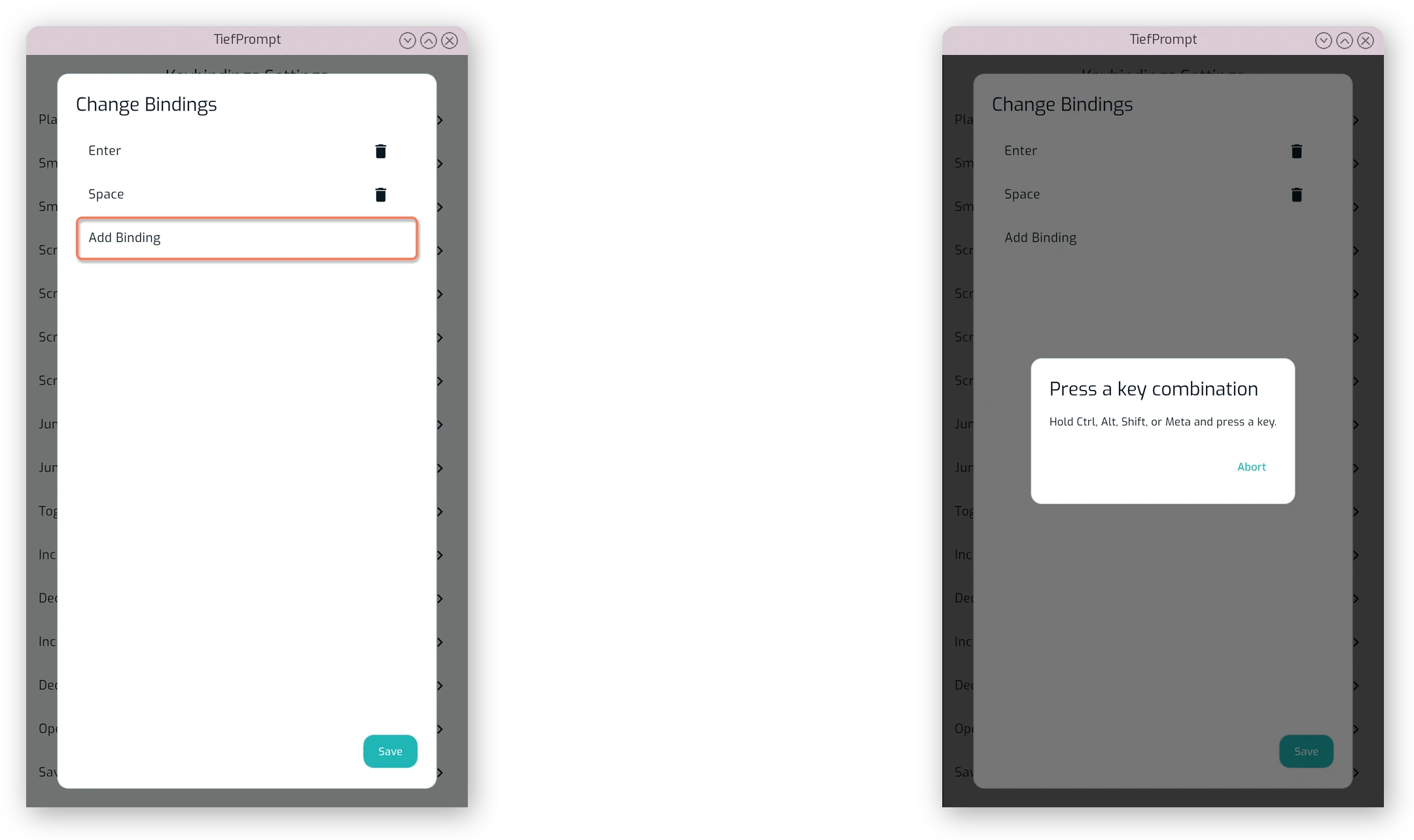 The “Add Binding” dialog, waiting for a key or controller button to be pressed