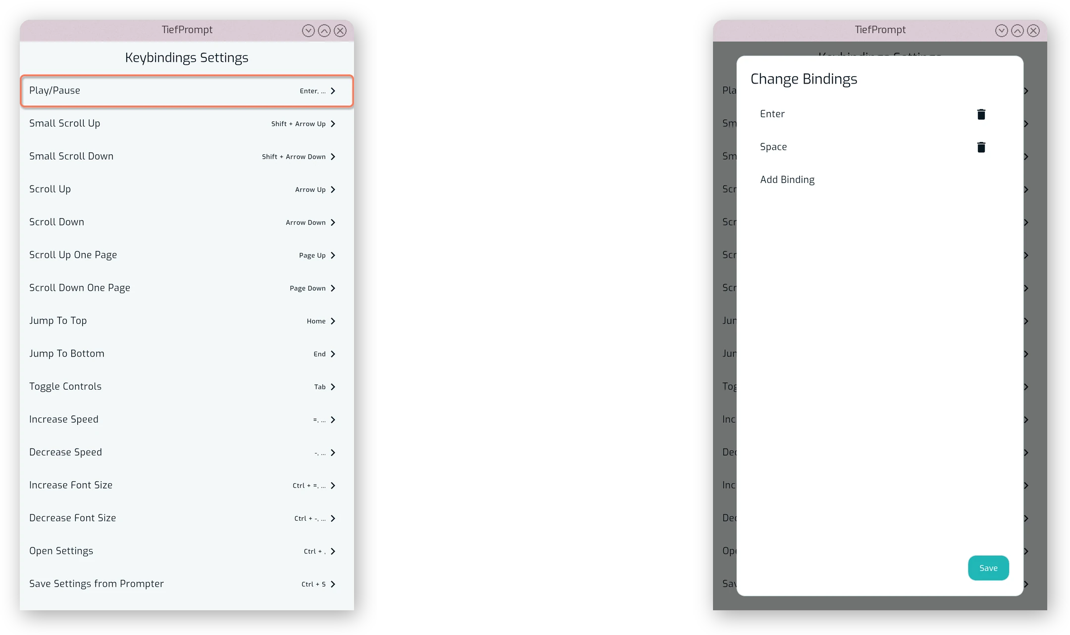The Keybinding Settings screen, with the “Change Bindings” dialog open
