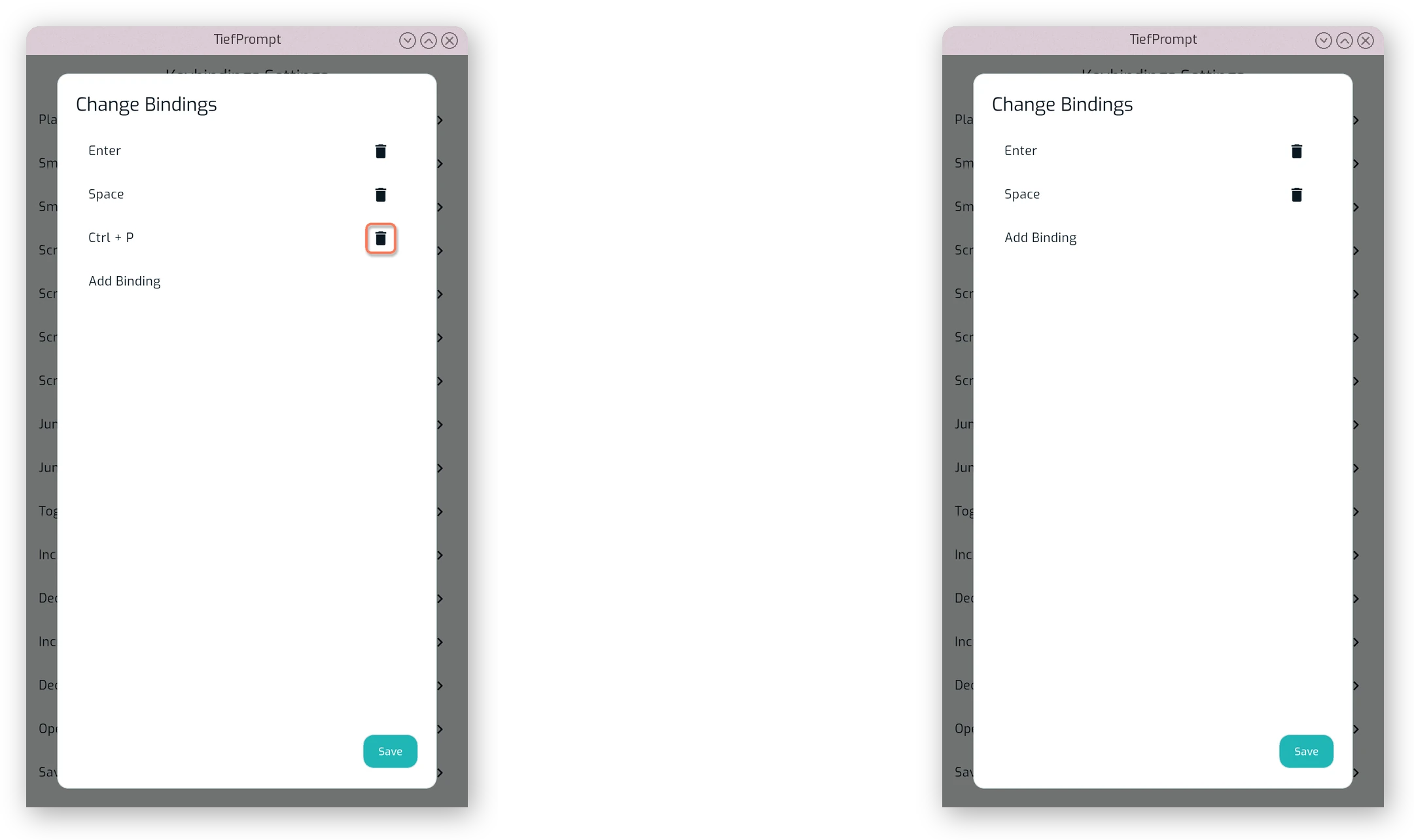 The Keybinding Settings screen, with the “Change Bindings” dialog open and a keybinding being removed