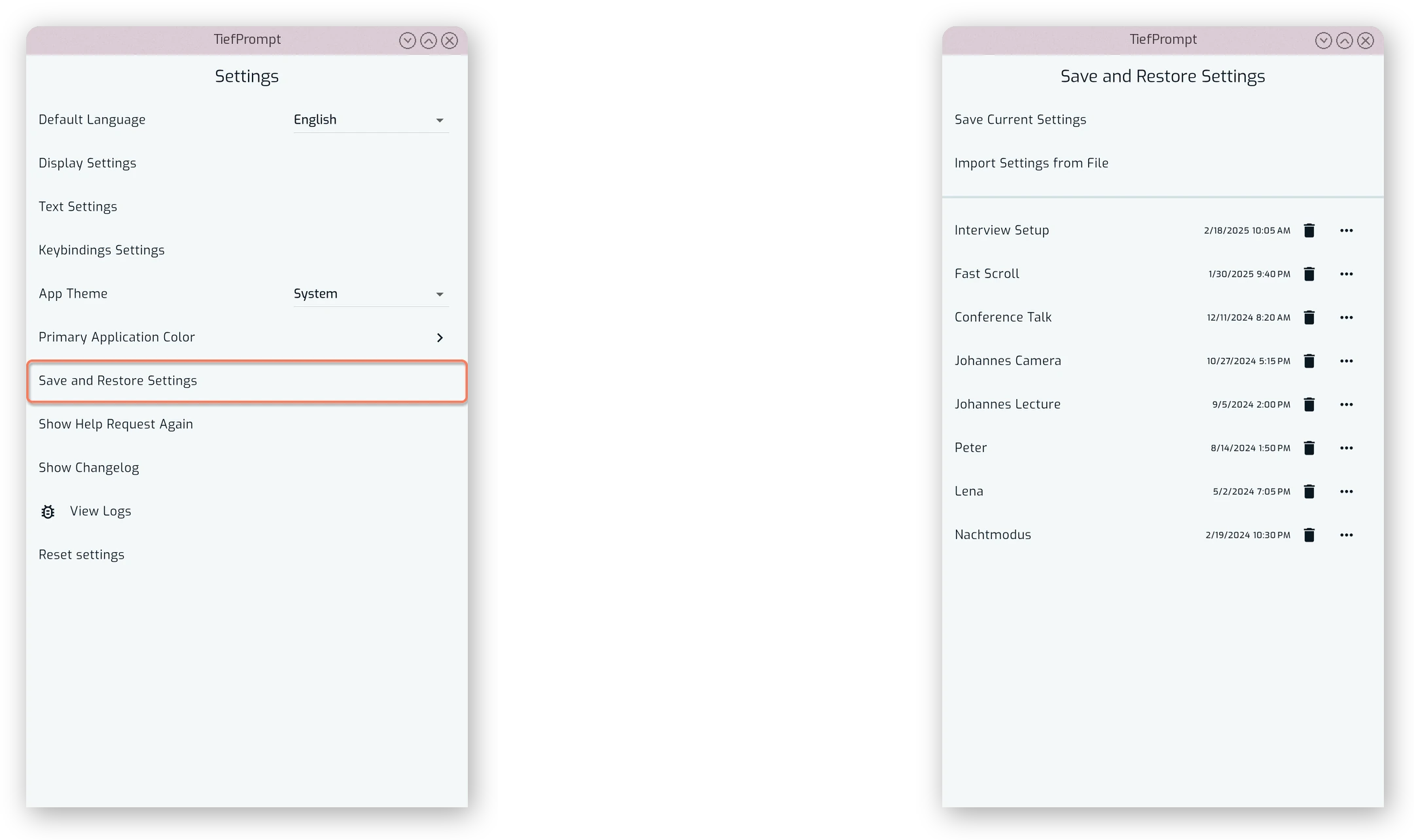 The Saved Settings Screen
