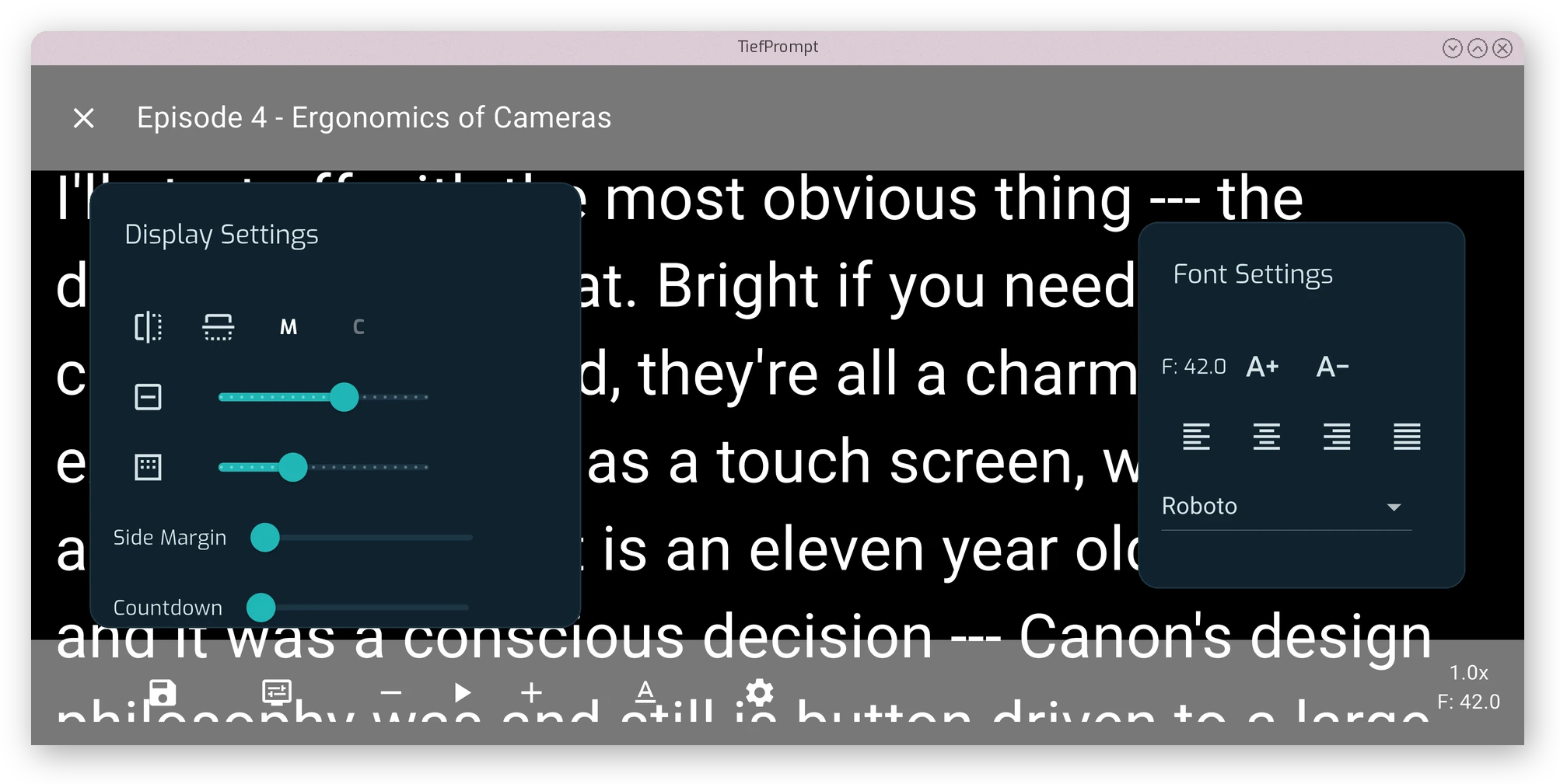 The prompter screen with both the Display Settings and Text Settings overlays open