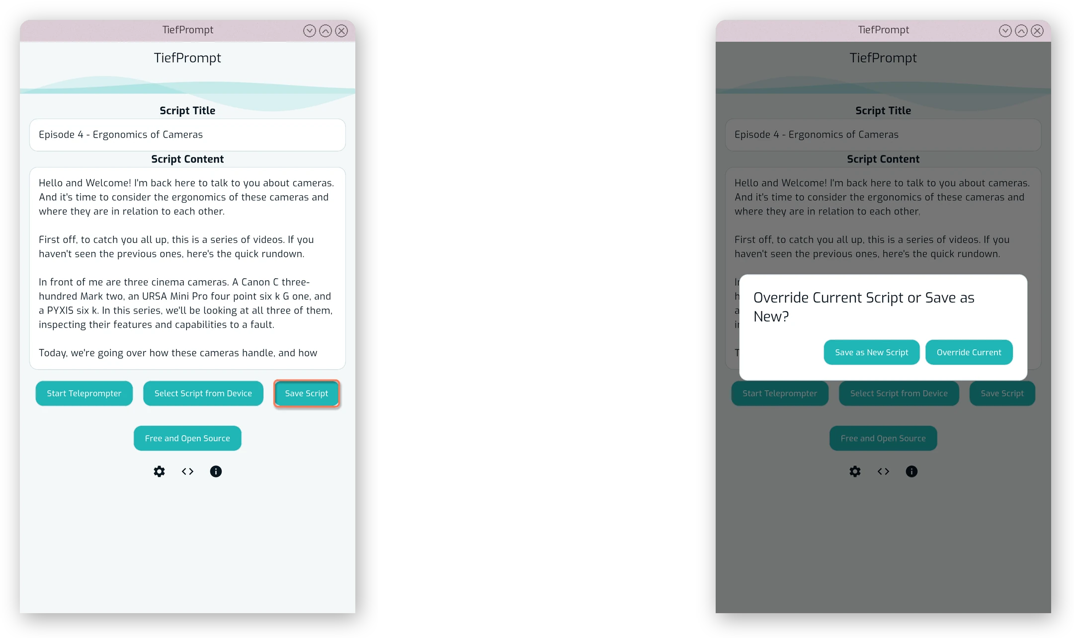 Save Script button and the Override or Save As New dialog