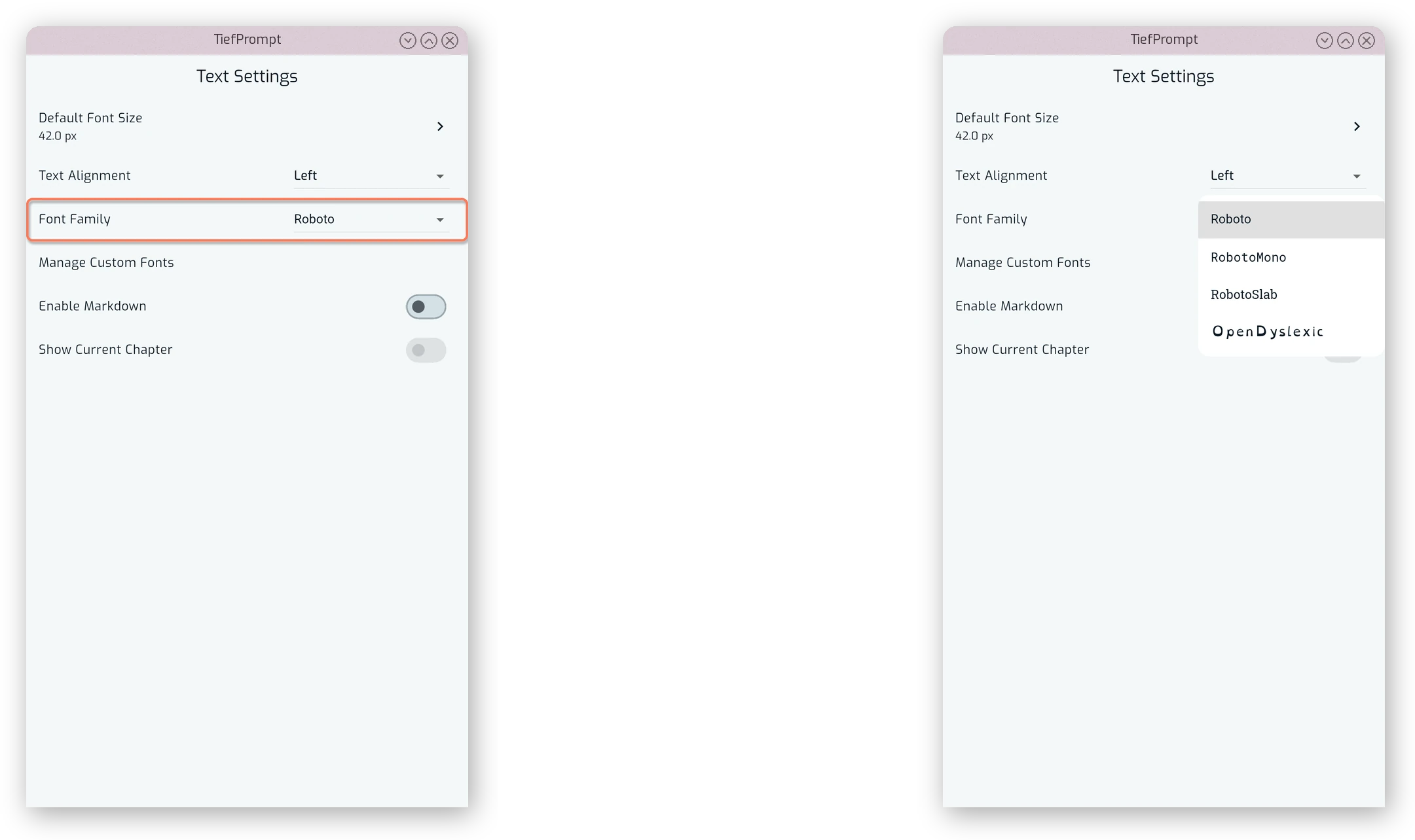 The “Font Family” dropdown open