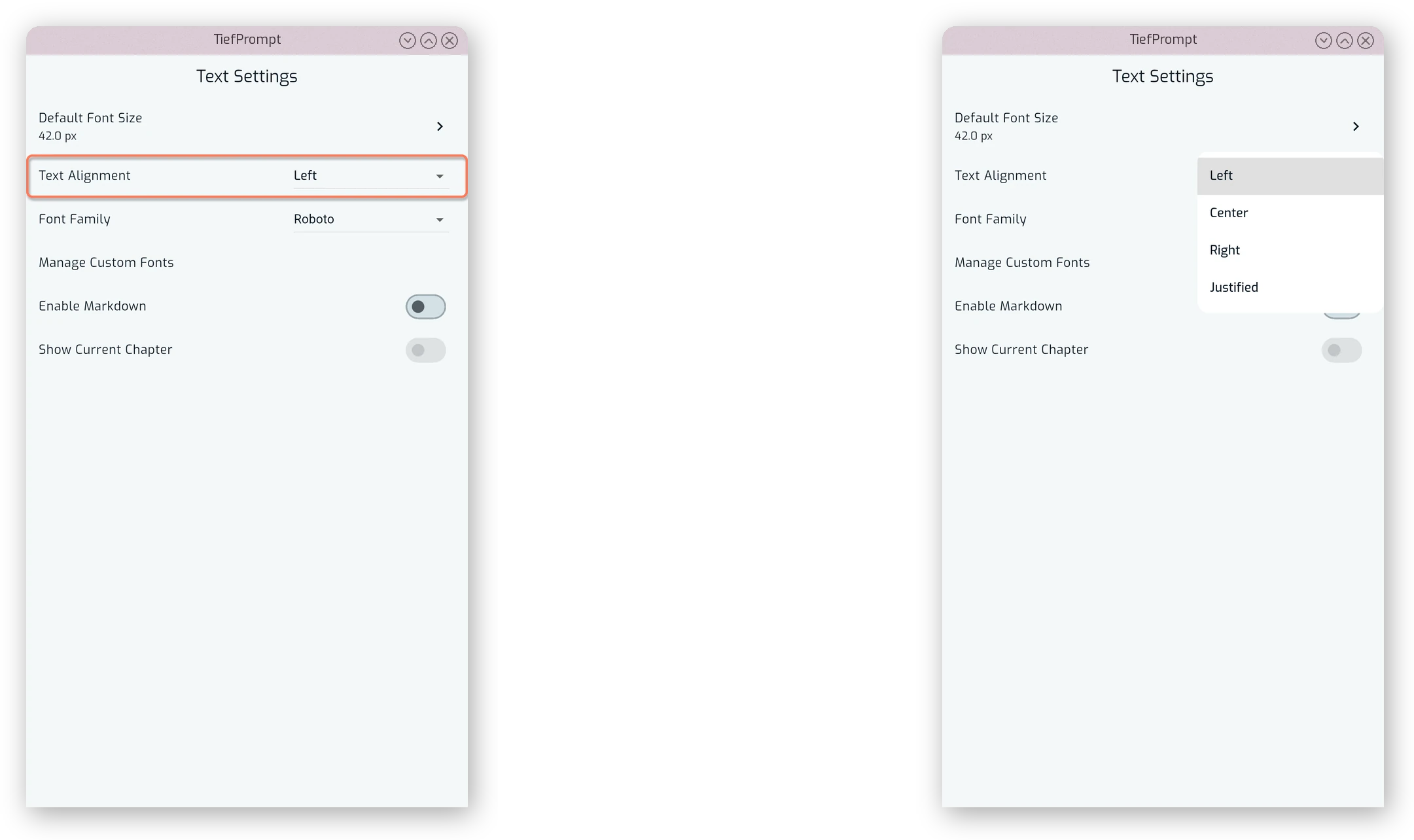 The “Text Alignment” dropdown open