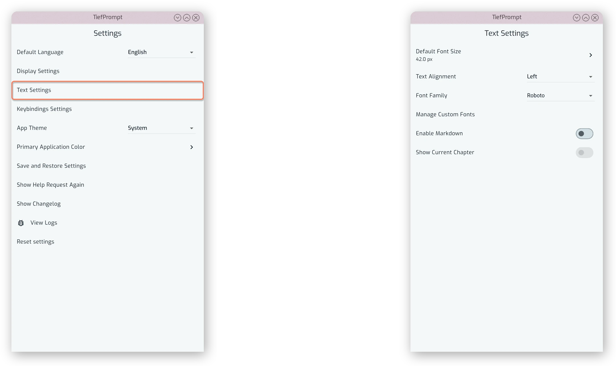 The Text Settings screen